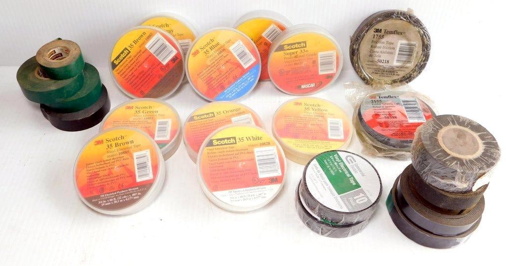 3M Scotch Vinyl and Electrical Tapes, Assorted Colors and Grades: Don't pay retail, get them all here A variety of 3M Scotch vinyl electrical tapes in multiple colors such as brown, blue, yellow, green, orange, and white Several rolls are from the 35 series, along