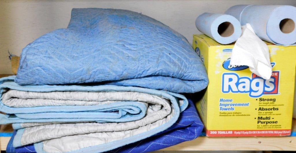 Moving Blankets, Tarps, Plastic Sheeting, and Box of Disposable Towels - 2