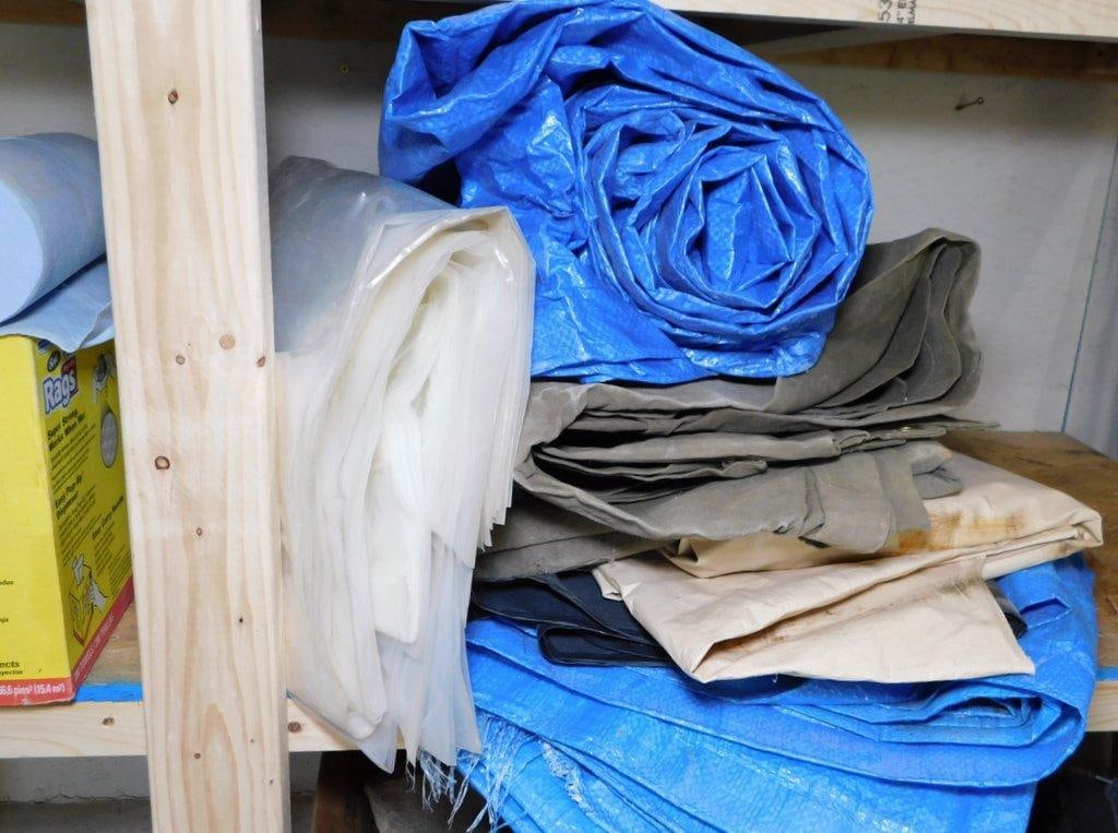 Moving Blankets, Tarps, Plastic Sheeting, and Box of Disposable Towels - 5