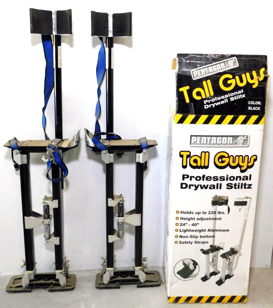 Pentagon Tall Guys Professional Drywall Stilts, 24"-40" Height Adjustment, Black: Pentagon Tall Guys Professional Drywall Stilts made from lightweight aluminum, adjustable from 24 to 40 inches Features a non-slip bottom, safety straps, and a weight capacity of up to 228 lbs Color: