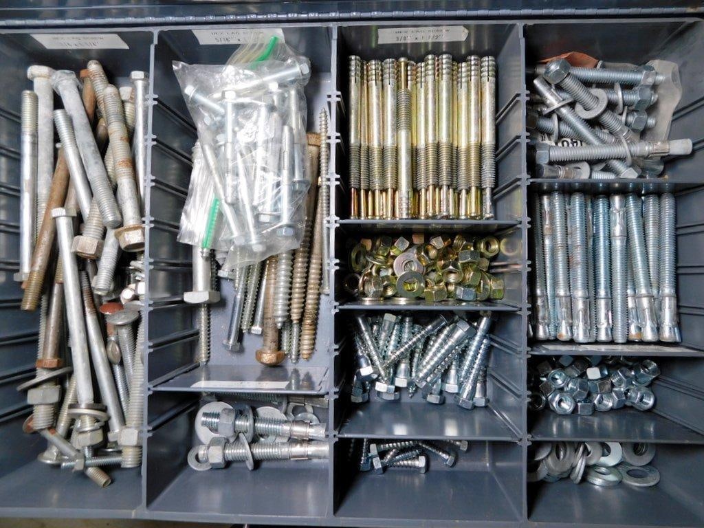 Multi-Drawer Metal Cabinet w/ Contents of Screws, Bolts, and Anchors - 10