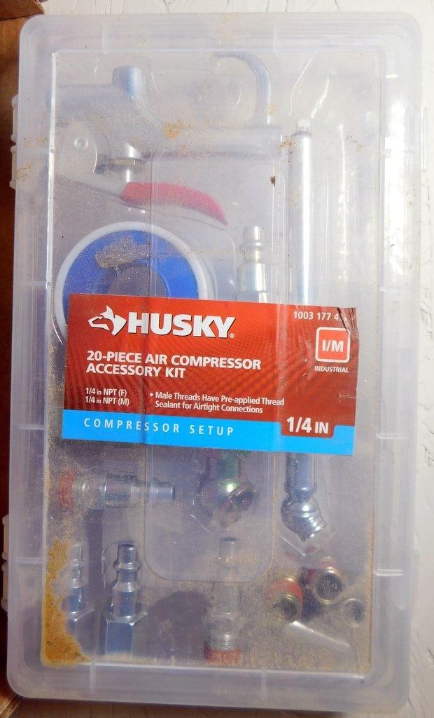 Tool Set Lot Featuring Husky Air Compressor Kit and Motorcycle Chain Tools - 2