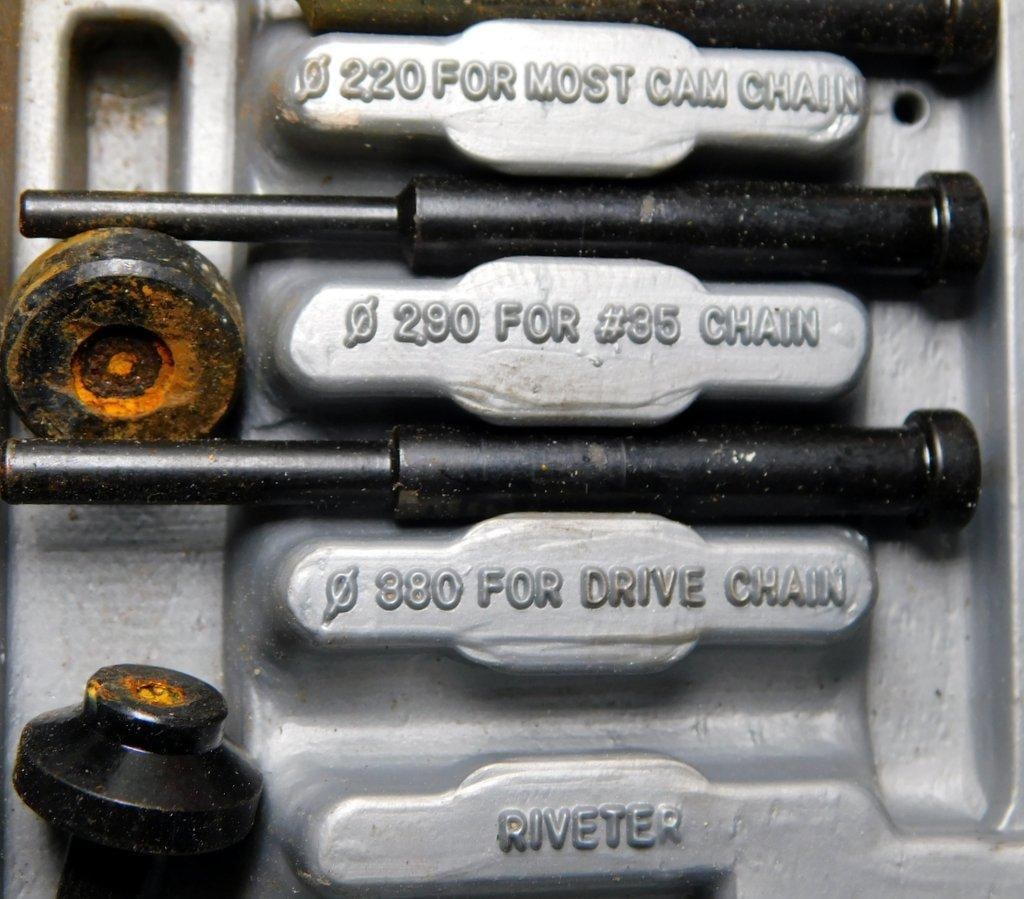 Tool Set Lot Featuring Husky Air Compressor Kit and Motorcycle Chain Tools - 7