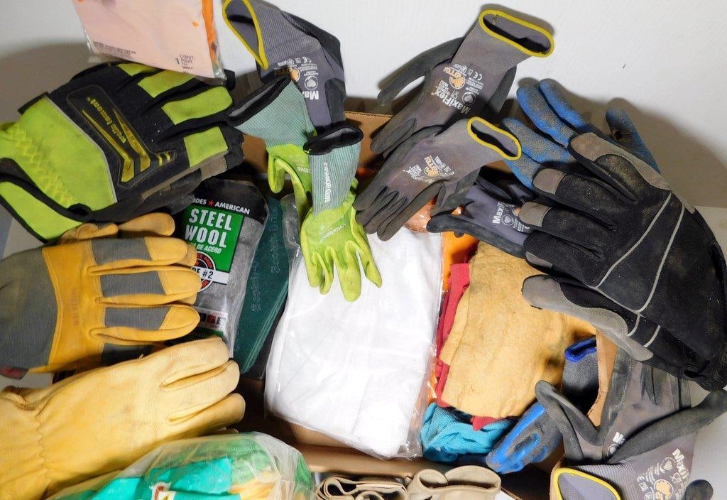 Large Grouping of Work Gloves, Cleaning Supplies, and Protective Equipment Bundle - 13