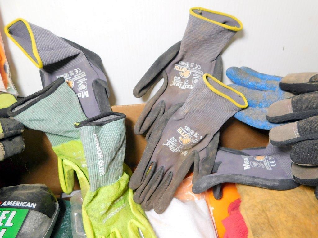 Large Grouping of Work Gloves, Cleaning Supplies, and Protective Equipment Bundle - 4