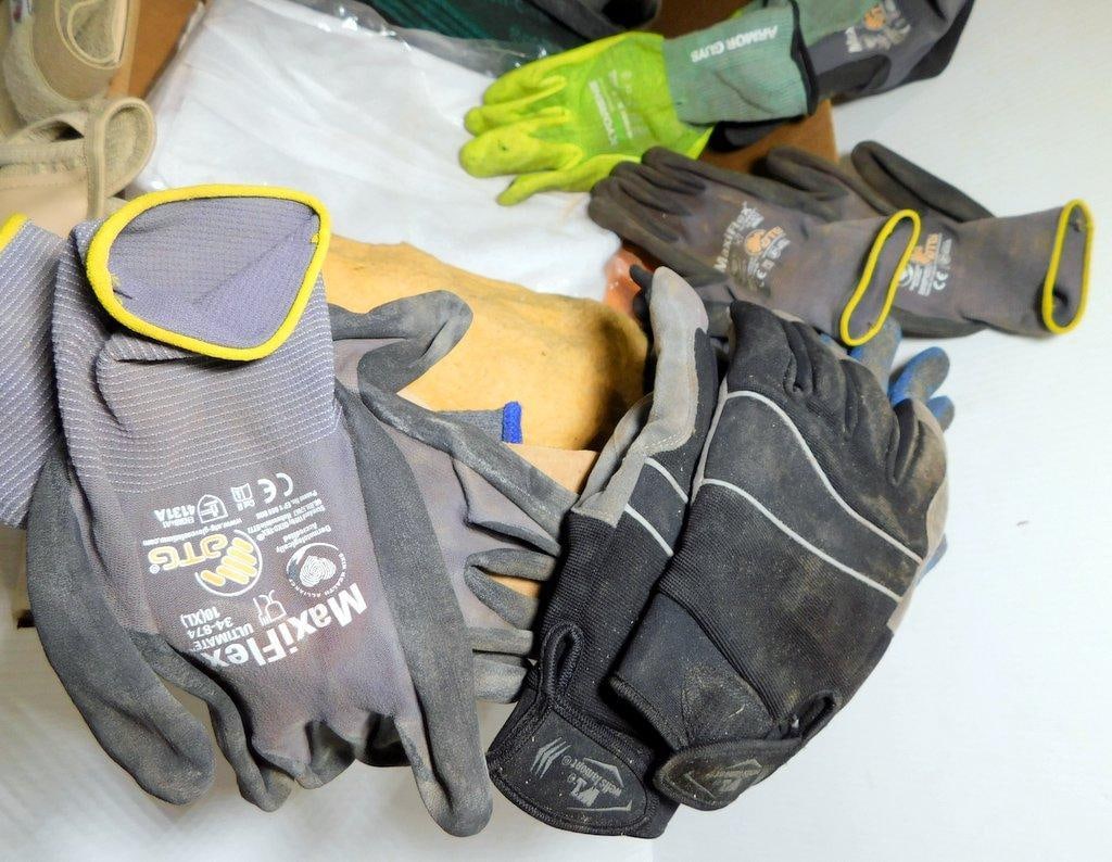 Large Grouping of Work Gloves, Cleaning Supplies, and Protective Equipment Bundle - 7
