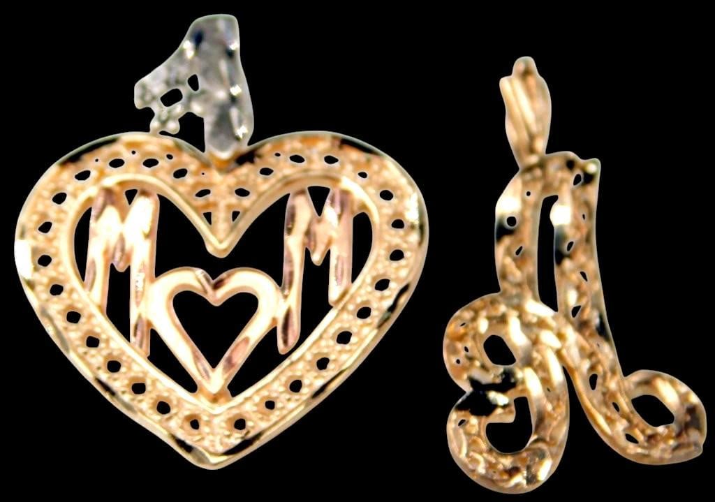 14K Yellow Gold Necklace Pendants, (2): Ready to wear pendants Marked 14K Lots of detail, excellent condition Flat solid pieces 2.55 dwt