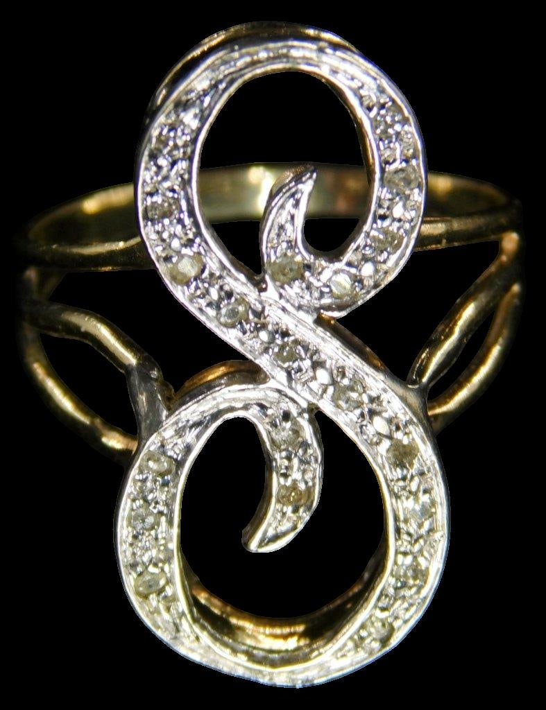 14K Yellow Gold and Diamond S Design Ladies Ring: Showing a large S initialed design ring adorned with diamonds Sparkly and to be proudly worn by the S in your life Marked 14K Tested diamonds 7 3/4 size 2.55 dwt Ready to show them who you are