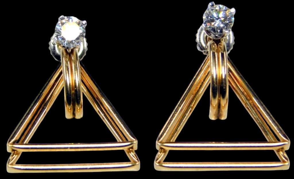 Diamond Studs with 14K Gold Double Triangle Jackets: Two triangles stacked on each other, great design Tested 14K gold, and non-magnetic .5mm diamonds to each Ready to wear 2.35 dwt total weight XXX pix