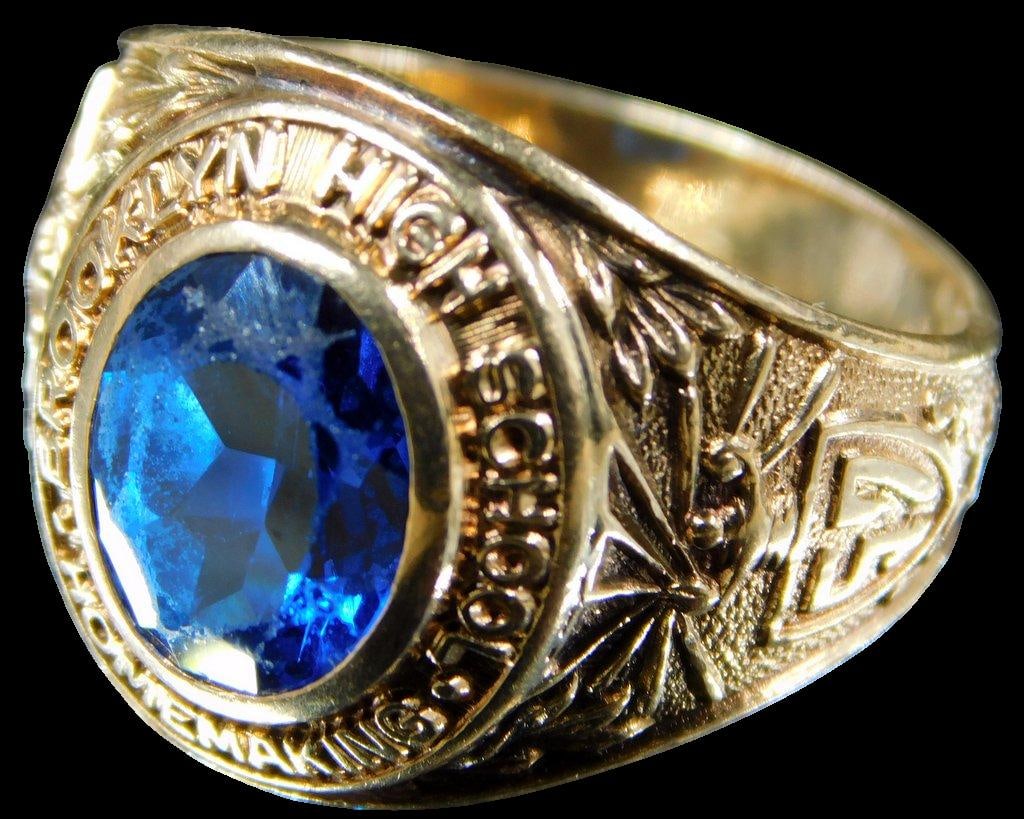 1957 Brooklyn High School Girl's 10K Gold Class Ring: 69 year old class ring Imagine having this and driving your parents '57 Chevy Bel Air? Excellent condition, shows so very well Homemaking curriculum marked ring Marked REED 10K Size 7 1/2 4.35 dwt Mus
