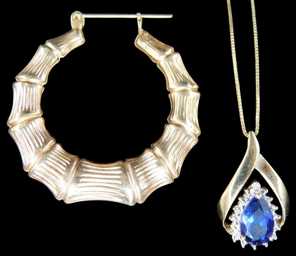 10K Gold Sapphire and Diamond Pendant Necklace, and One Earring: Classy looking pendant necklace Tested as Sapphire and Diamonds The pendant shows very well Marked 10K Necklace chain is 18 inches L 1.80 dwt We included one lone 10K Gold earring to this grouping Mar