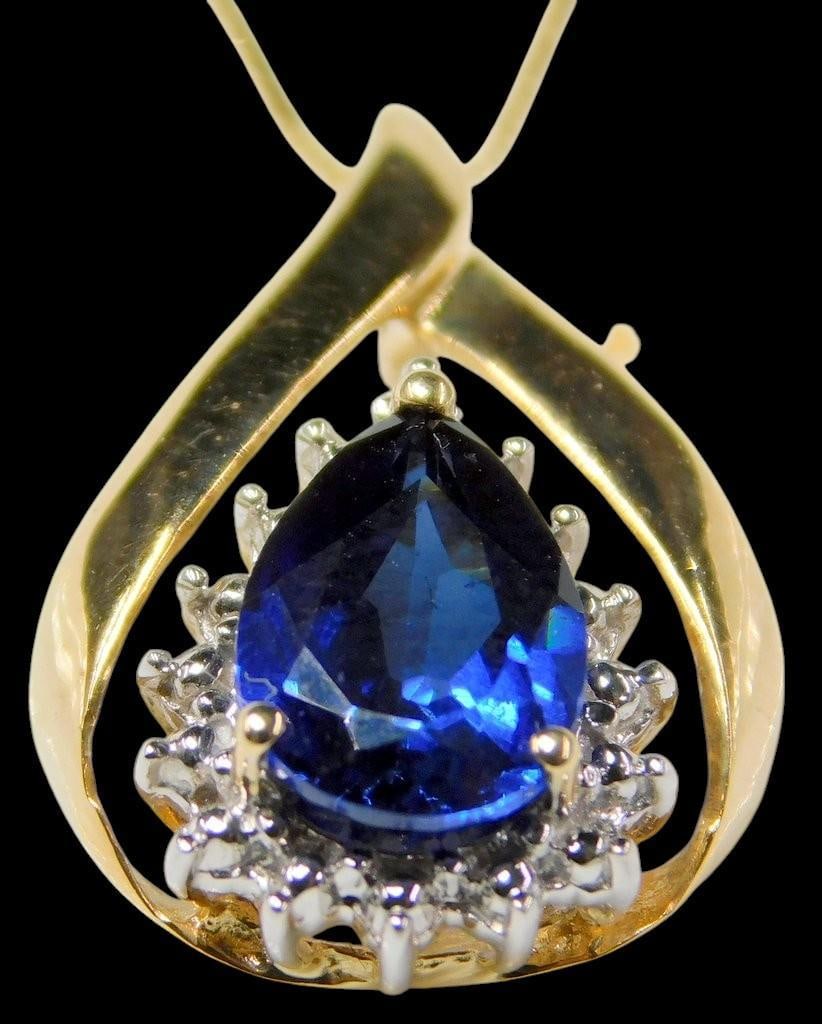 10K Gold Sapphire and Diamond Pendant Necklace, and One Earring - 5