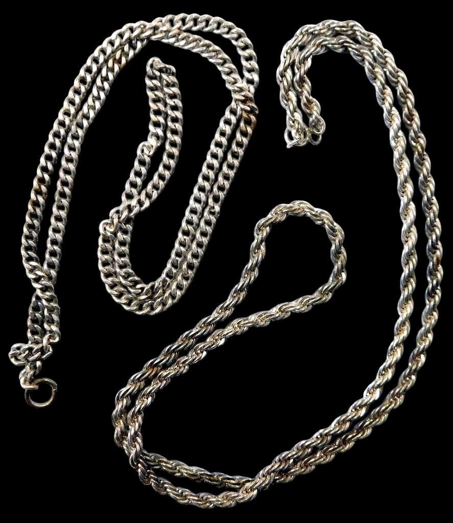 Sterling Silver Neck Chains w/ Twist and Curb Link Styles, (2): Sterling silver necklaces, including a twist link chain and a curb link chain Chains are curb link chain equipped with a clasp closure Both tested as Sterling Silver, neither are magnetic Is 18 and