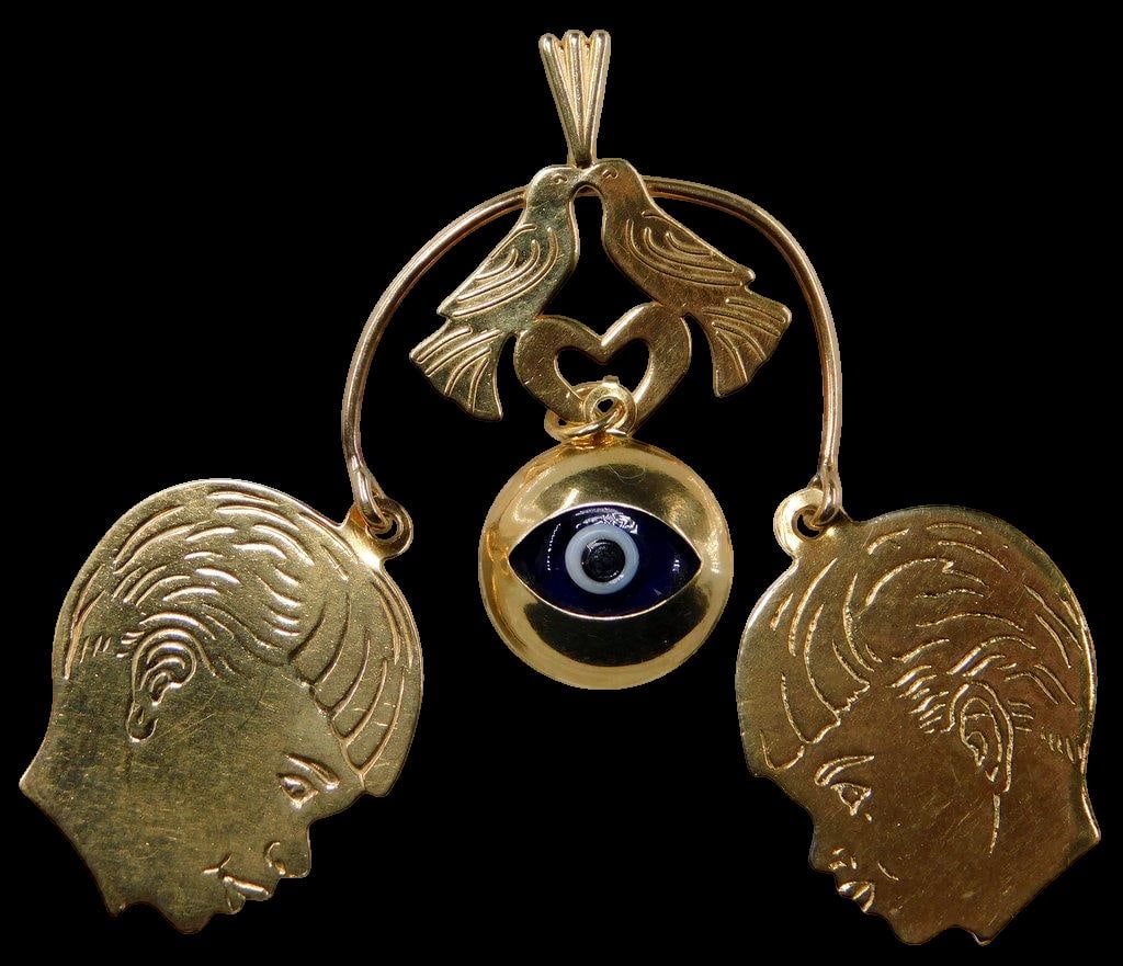 14K Gold Pendant w/ Engraved Profiles, Evil Eye, and Bird Motif - 2