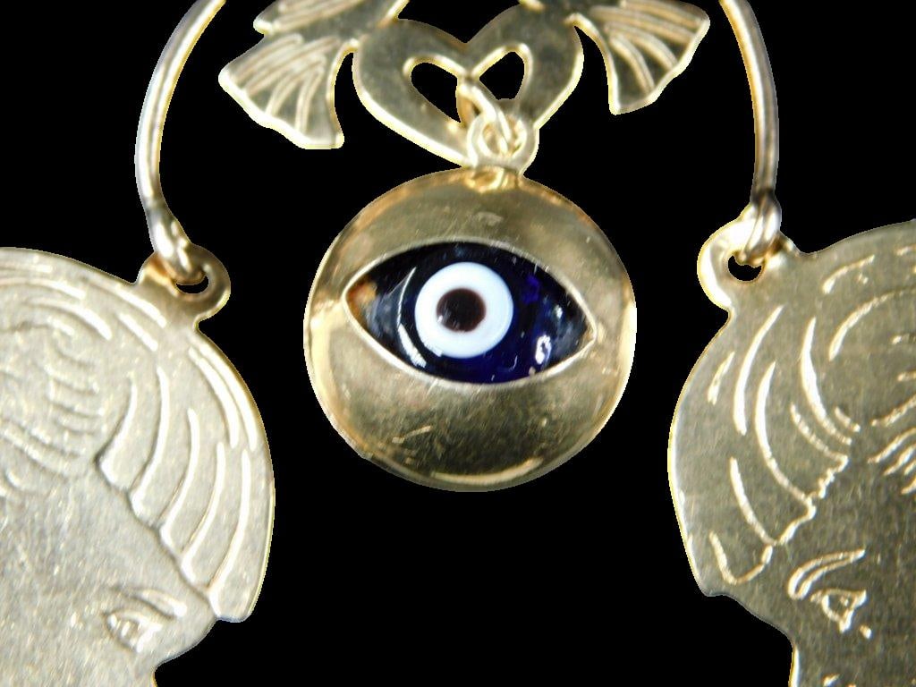 14K Gold Pendant w/ Engraved Profiles, Evil Eye, and Bird Motif - 3