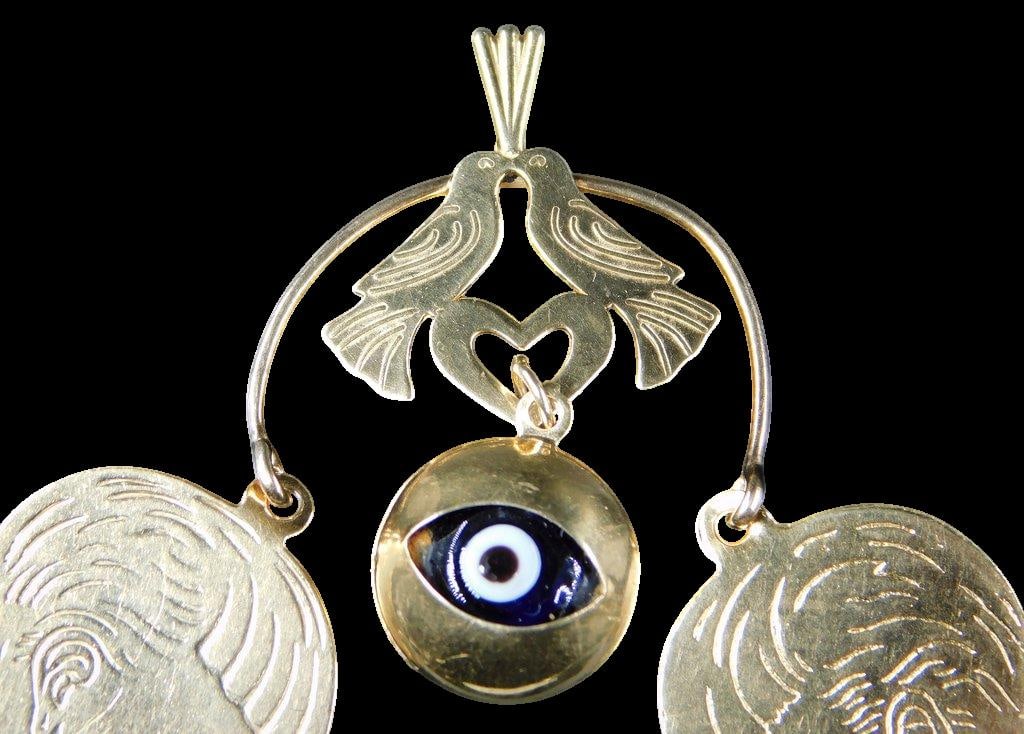 14K Gold Pendant w/ Engraved Profiles, Evil Eye, and Bird Motif - 5