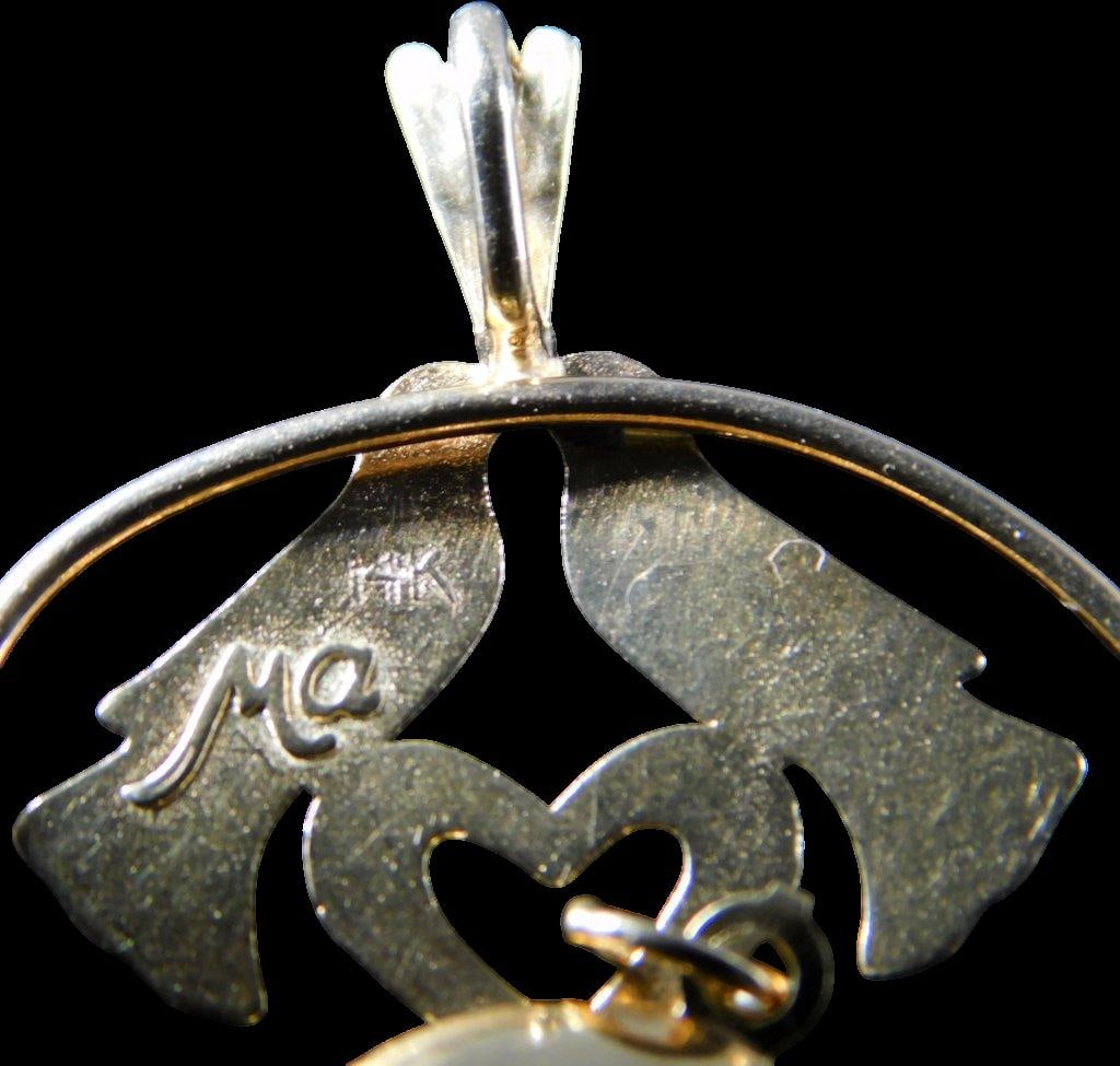 14K Gold Pendant w/ Engraved Profiles, Evil Eye, and Bird Motif - 9