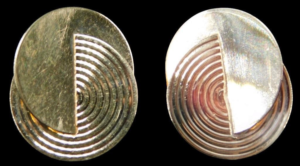 14K Gold CEDI Spiral Design Earring Pair: 14K gold earrings featuring a modern spiral and textured design, marked CEDI and 14K on the reverse Crafted with a unique overlapping circular shape and concentric patterns Each earring is