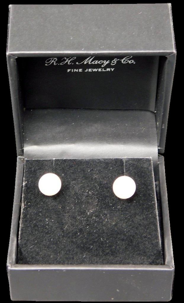 14K Bridge Cultured Pearl Stud Earrings in Original Box: Bridge cultured pearl stud earrings set in 14K gold with a pearl size of 6.5mm The pearls are classified as AAA grade freshwater cultured pearls (CFWP) Included is the original R.H. Macy & Co.