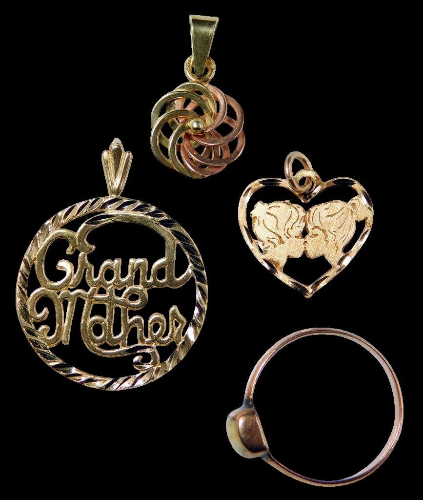Gold Pendants and Ring Assortment with Varied Designs: Nice grouping of gold jewelry pieces Tested 14K Gold Grandma pendant is 7/8 inch diameter Unknown stone on ring Ring is size 6 3.2 dwt 
