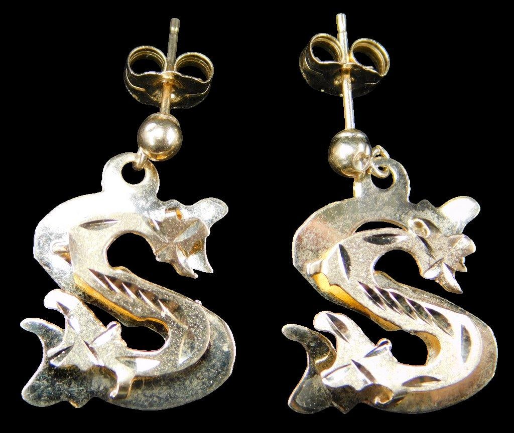 14K Yellow Gold "S" Motif Drop Earrings w/ Stud Backs - 2