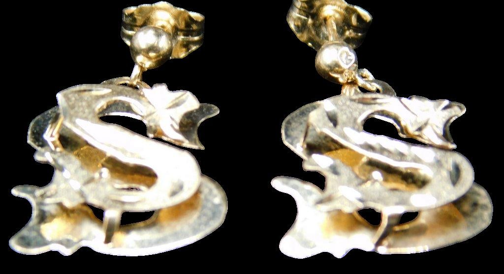 14K Yellow Gold "S" Motif Drop Earrings w/ Stud Backs - 3
