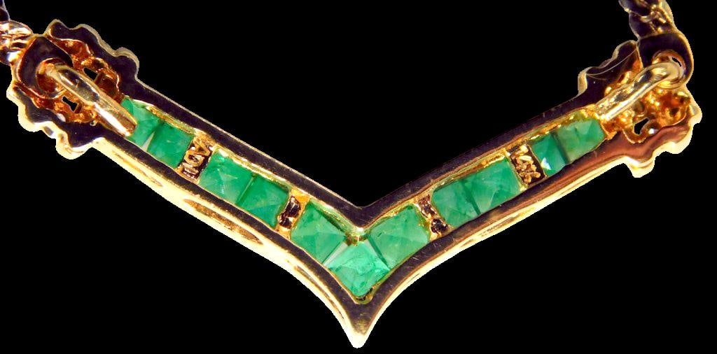 14K Gold V-Shape Necklace w/ Emerald and Diamond Accents - 2