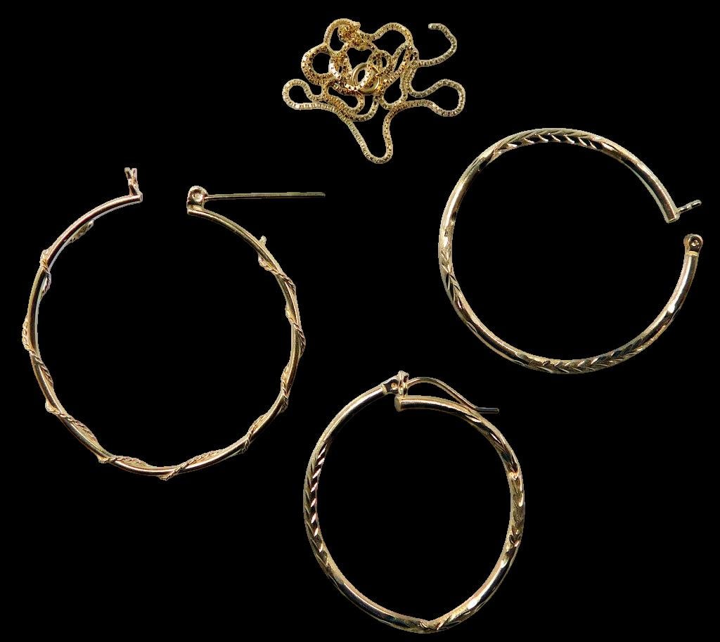 14K Gold Jewelry Lot Including Hoop Earrings and Chain Necklace, Scrap: Gold jewelry, comprising pair of hoop earrings along with a lone earring Includes a delicate gold chain necklace with broken clasp Suitable for scrap or to match and wear 14K Gold 1.85 dwt total