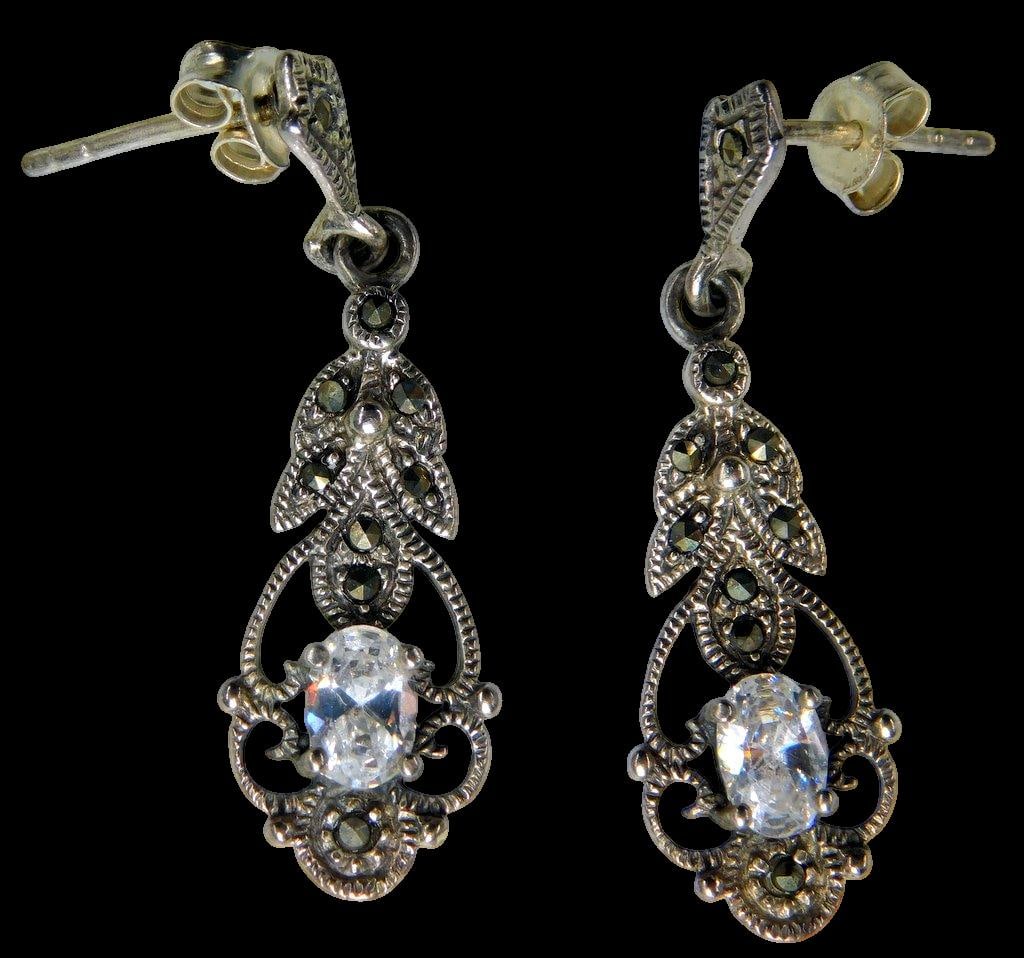 Sterling Silver Marcasite Earrings and Tie Clip - 2