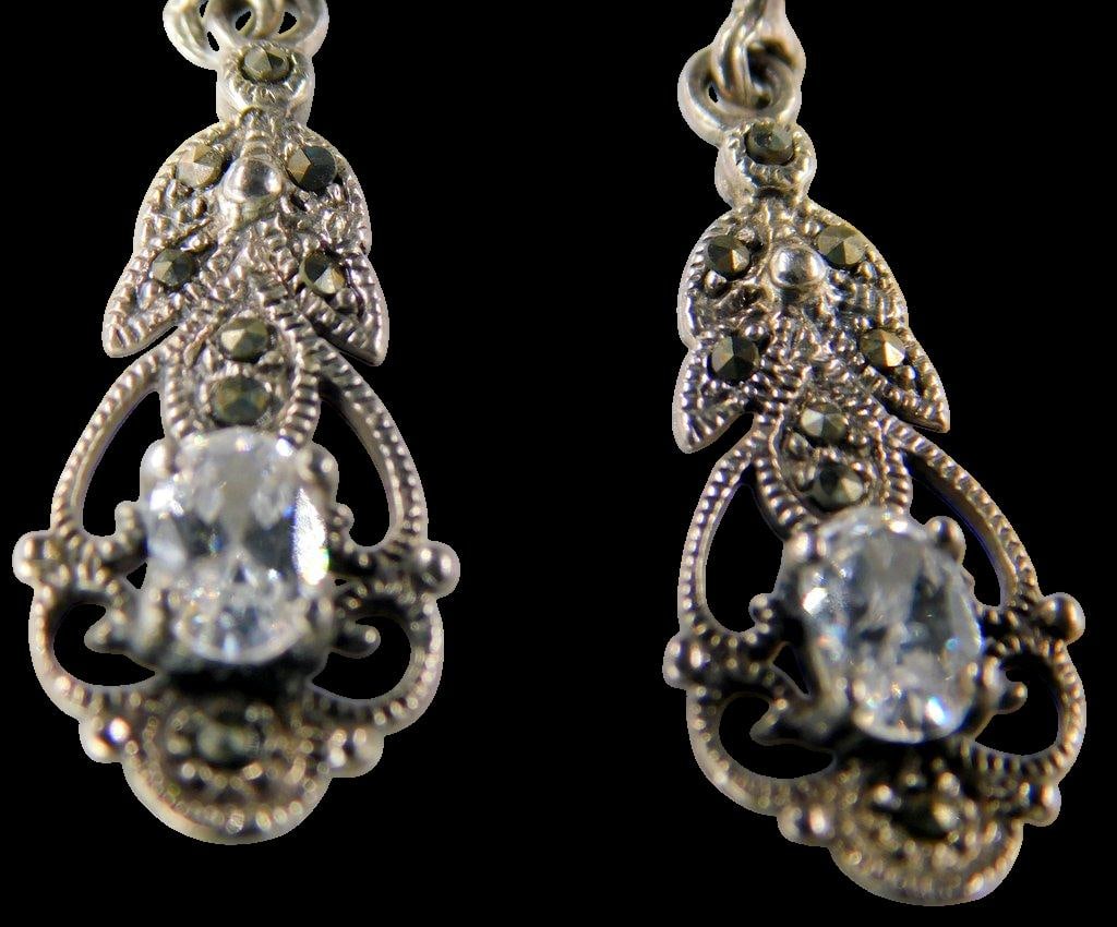 Sterling Silver Marcasite Earrings and Tie Clip - 3