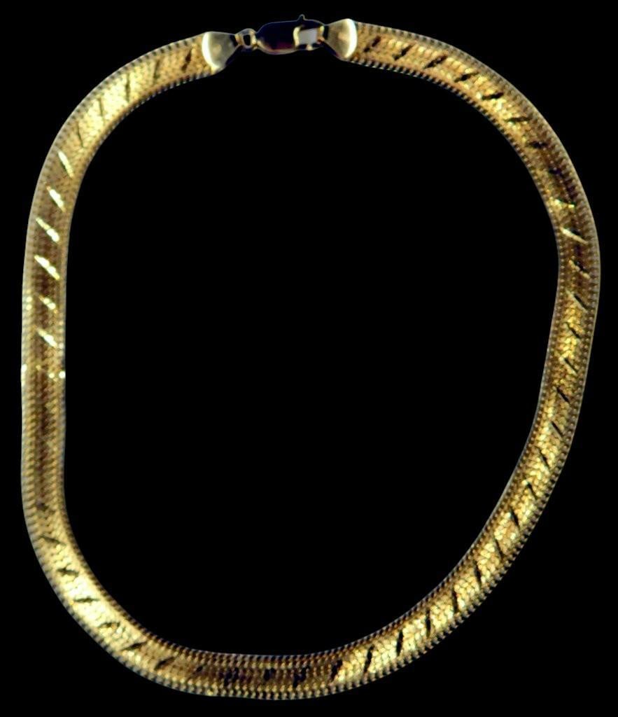 14K Gold Italian Necklace w/ Textured Design: Wide necklace 14K gold wide necklace crafted in Italy, featuring a textured and patterned design The lobster clasp is stamped with 14K and Italy, verifying its material and origin The necklace