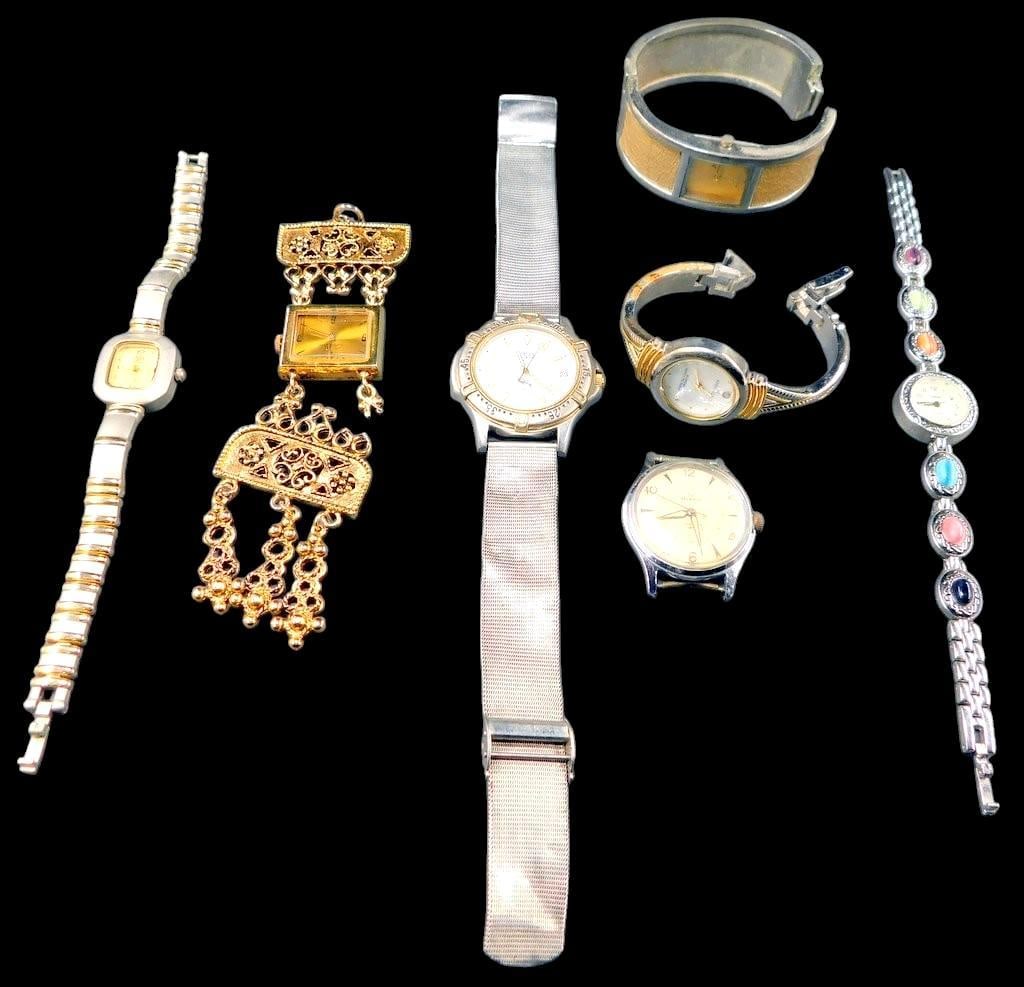 Grouping of Woman's Watches Including Anne Klein, ESQ, and Helbros, (7): A total of seven timepieces and one gold-colored decorative pendant piece with dangling details is broken as shown Brands represented in the collection include Anne Klein, ESQ (Esquire Swiss),