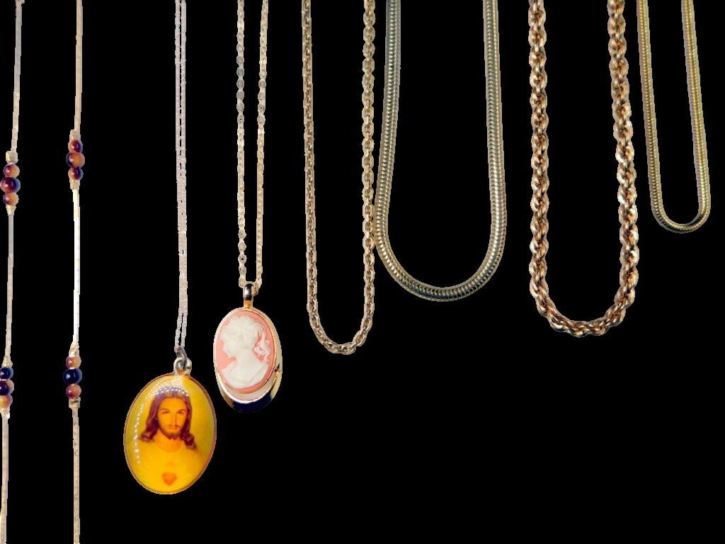 Gold-Tone and Beaded Necklaces w/ Religious and Cameo Pendant Charms - 6
