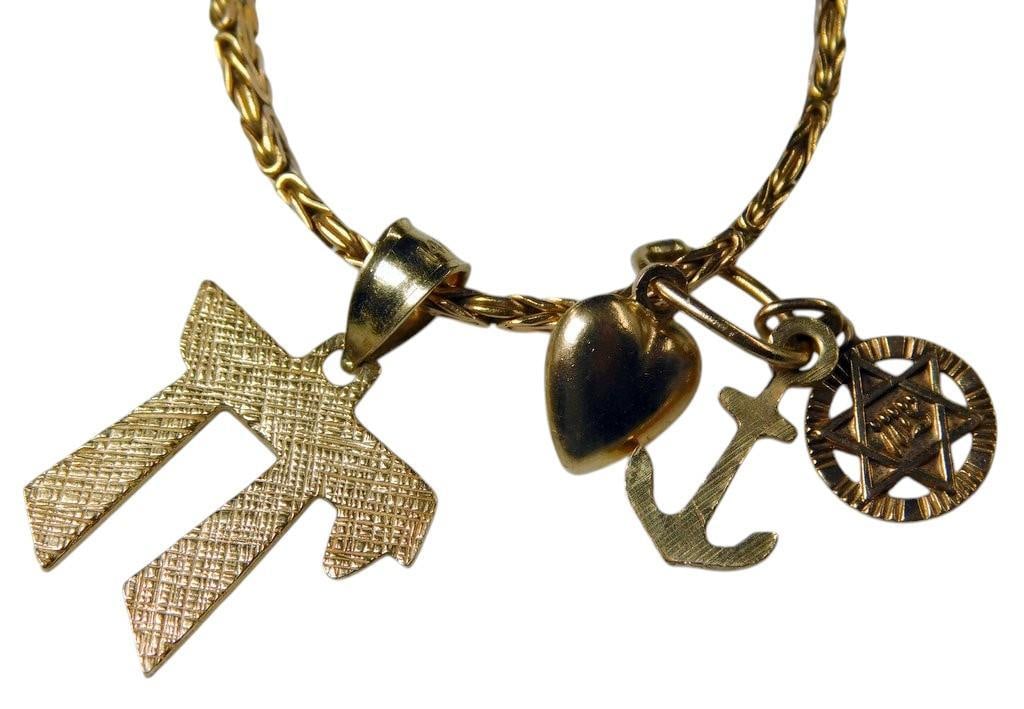 14K Gold Italian Necklace w/ Charms: 14K gold Italian necklace featuring a detailed, braided chain design The piece includes four charms: a heart, an anchor, a Star of David, and a textured Hebrew letter The clasp is marked 14K and