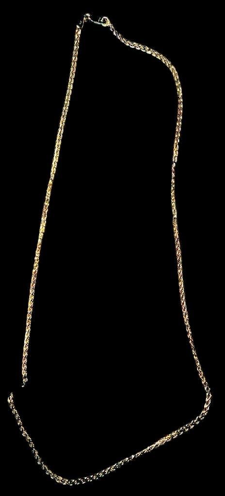 14K Gold Chain Necklace w/ Lobster Clasp: 14K gold chain necklace featuring a braided chain design and a functional lobster clasp closure The clasp is clearly marked 14K The chain is lightweight and elegantly crafted, suitable for daily wear 