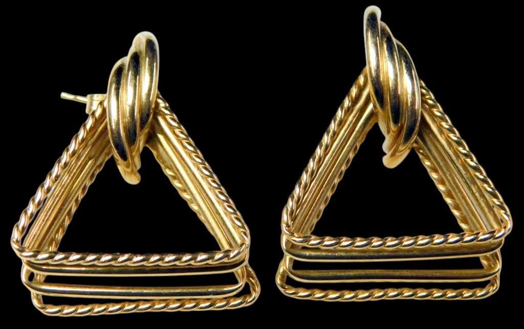 14K Gold Triangle Dangle Earrings w/ Twisted Rope Design: Triangle-shaped dangle earrings crafted in 14K gold, featuring layered and twisted rope details Suitable for formal and casual settings, these earrings exhibit expert craftsmanship and high-quality