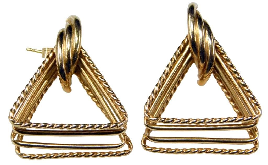 14K Gold Triangle Dangle Earrings w/ Twisted Rope Design - 2
