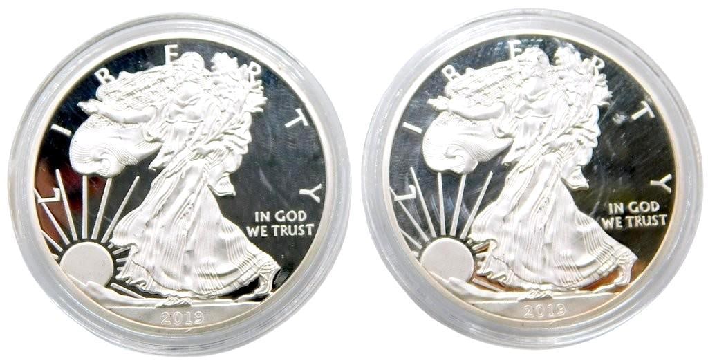 Two 2012 American Silver Eagle Proof Coins in Protective Cases: 2012 American Silver Eagle proof coins, each consisting of 1 troy ounce of .999 fine silver Features Adolph A. Weinman's Walking Liberty design, while the reverse shows inscriptions for weight and