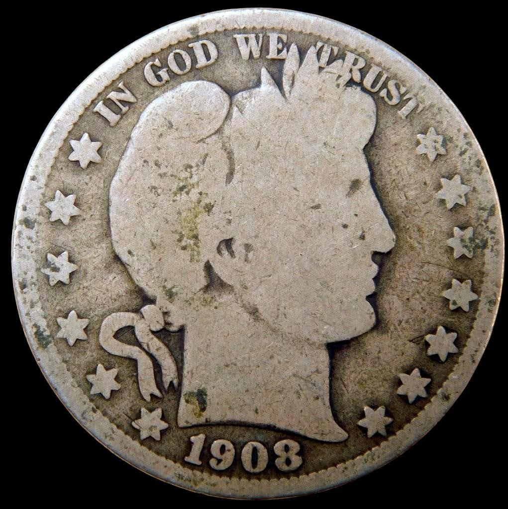 1908-O Barber Half Dollar Silver Coin: 1908 O Barber Half Dollar, minted in New Orleans O mint marked Circulated condition as shown Features wear consistent with circulated condition and minor tarnishing
