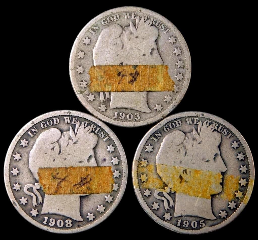 Three Barber Silver Half Dollars, (1903, 1905, 1908): Three Barber half dollars, dated 1903, 1905, and 1908 The coins are made of 90% silver and feature the obverse design of Liberty and the reverse design of a heraldic eagle All coins show moderate