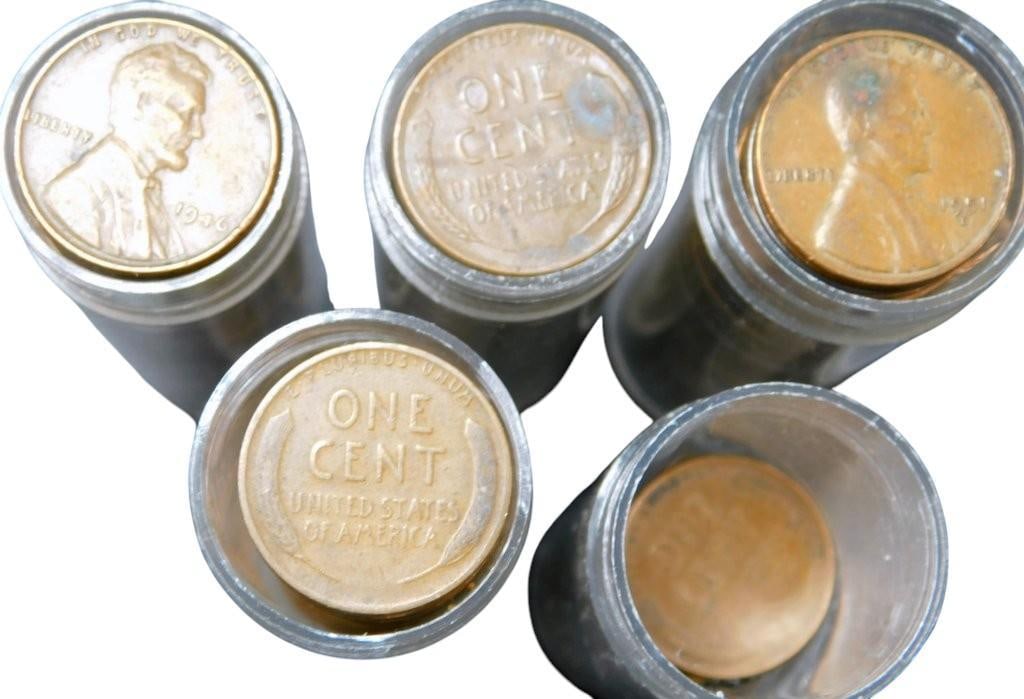 U.S. Wheat Pennies in Five Clear Tubes: U.S. Wheat Pennies enclosed in five clear plastic tubes, unsearched by us Coins display the wheat reverse design and include years such as 1946 and 1951 One tube appears to have