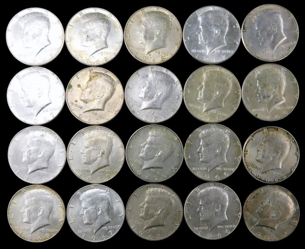 20 Kennedy Silver Half Dollar Coins, Dated 1966-1969: 20 Kennedy half dollar coins minted between 1966 and 1969 Each coin is composed of 40% silver, with designs featuring the profile of John F. Kennedy on the obverse and the Presidential Seal on the