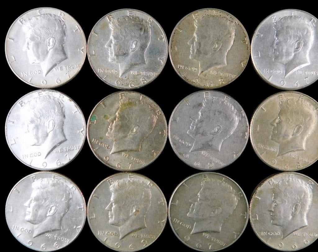 20 Kennedy Silver Half Dollar Coins, Dated 1966-1969 - 2