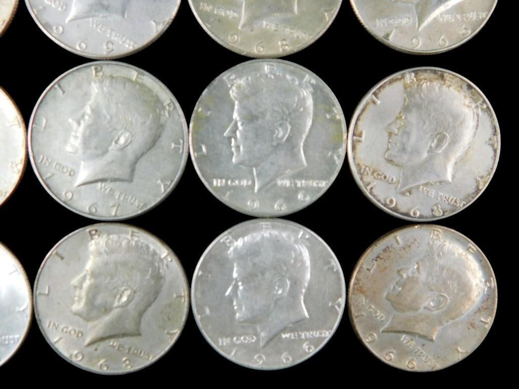 20 Kennedy Silver Half Dollar Coins, Dated 1966-1969 - 4