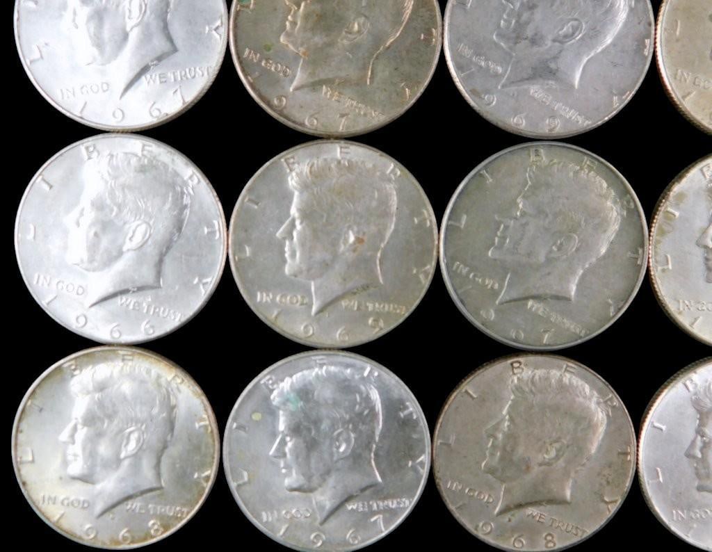 20 Kennedy Silver Half Dollar Coins, Dated 1966-1969 - 5