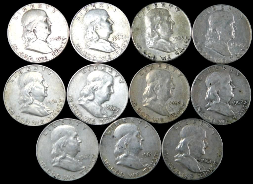 11 Franklin Silver Half Dollars, (1952-1963): 11 Franklin Half Dollars minted between 1952 and 1963 Each coin is composed of 90% silver and 10% copper These coins display the profile of Benjamin Franklin on the obverse and the Liberty Bell on
