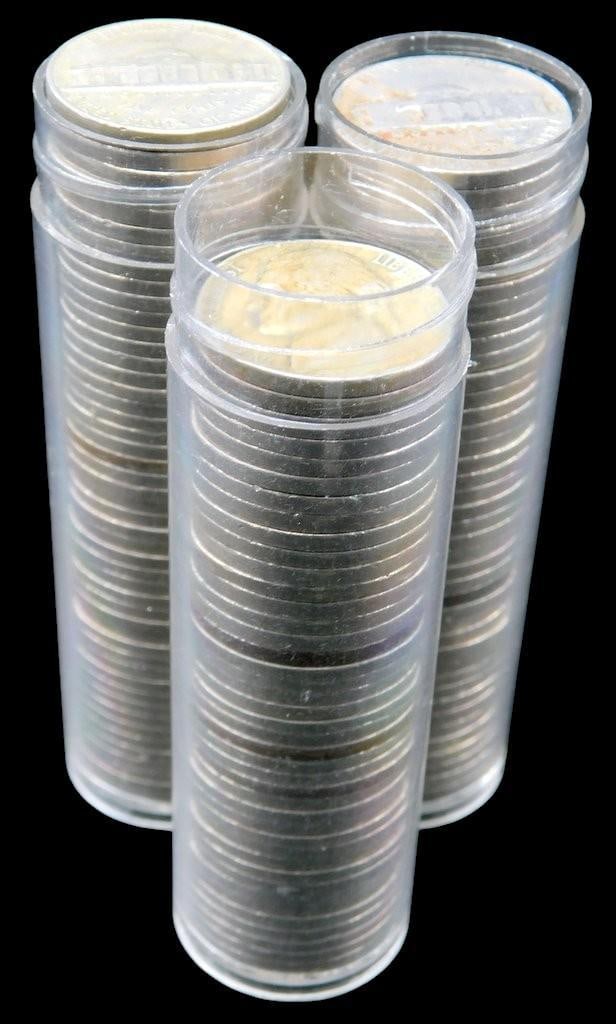 Three Rolls of Unsearched Jefferson Nickels: The top coin in each tube is what was showing when we opened them Three rolls of Jefferson Nickels housed in transparent plastic tubes Coins include various dates, with visible examples from 1940,
