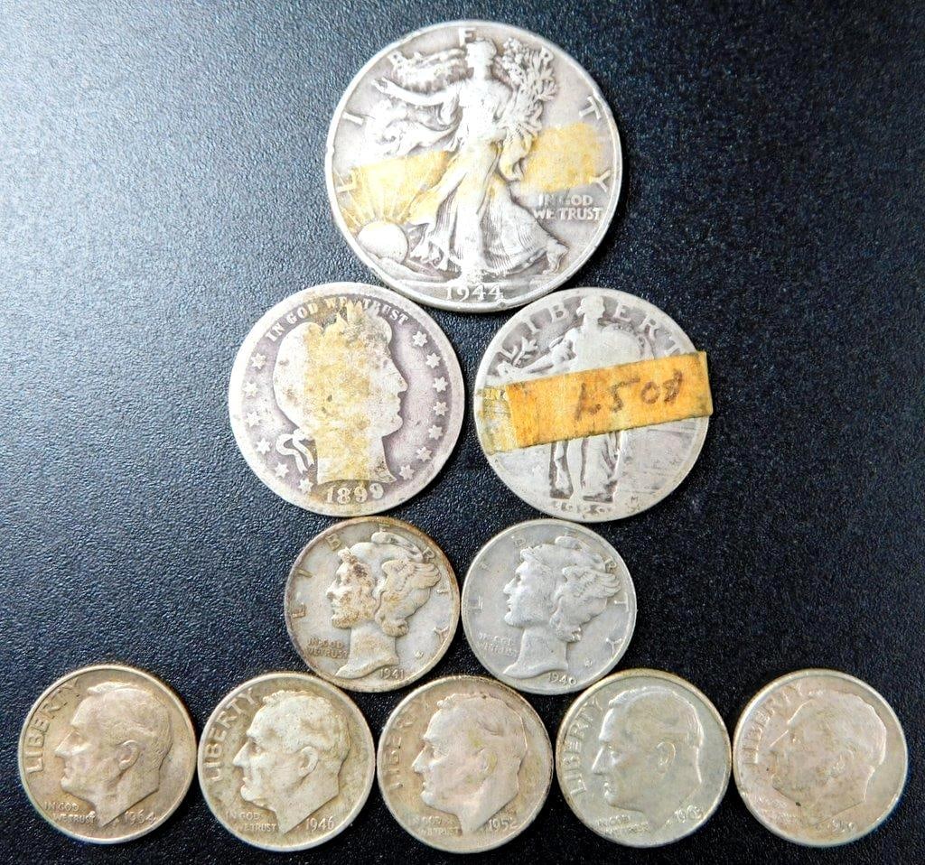 Grouping of U.S. Silver Coins, Including Half Dollars, Quarters, and Dimes: U.S. silver coins spanning various denominations and years, including a 1944 Walking Liberty Half Dollar, an 1899 Barber Quarter, a 1926 Standing Liberty Quarter, two Mercury Dimes (1940, 1941), and f