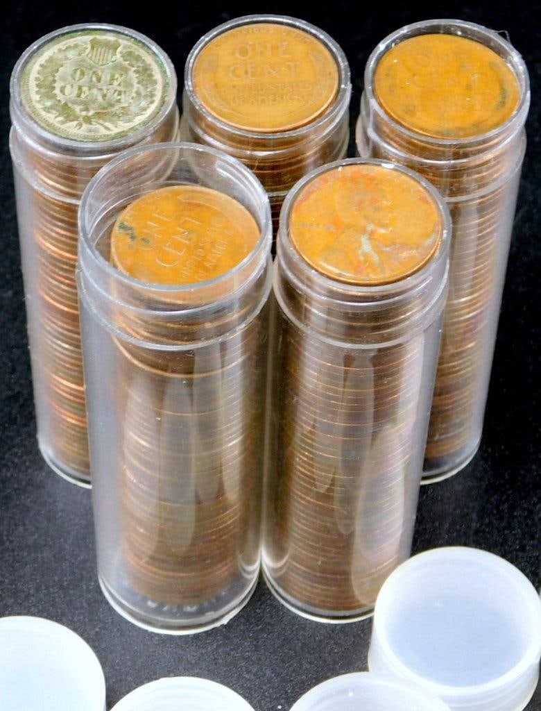 Five Unsearched Rolls of Lincoln Wheat and Memorial Cents in Plastic Tubes: Each coin shown on top is how found when we opened them Unsearched by us Five rolls of Lincoln cents housed in clear plastic tubes Coins include both Wheat and Memorial designs The collection spans