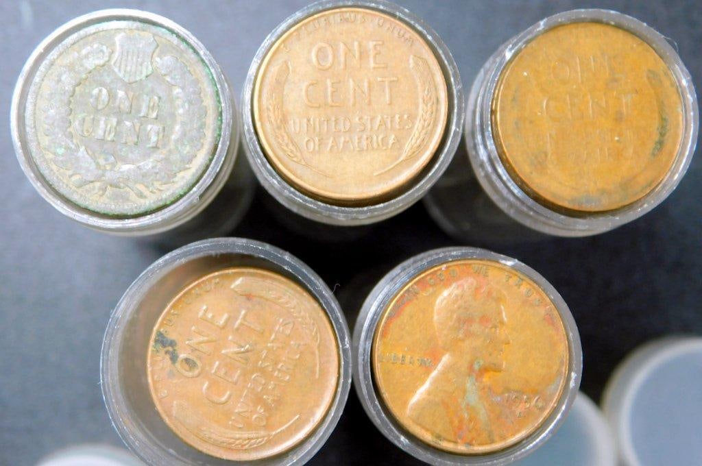 Five Unsearched Rolls of Lincoln Wheat and Memorial Cents in Plastic Tubes - 2